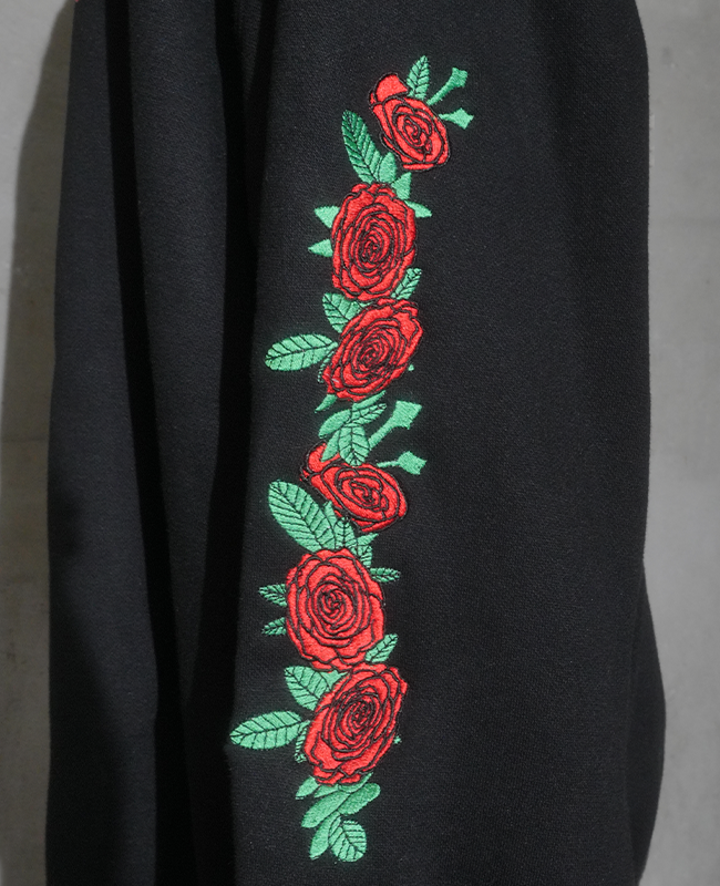 tapatio embroidery roses on sleeve of sweater shirt by rosie prints la